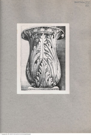 Vorderseite von  [http://creativecommons.org/publicdomain/mark/1.0/] Kandelaber (oder Vase?) mit Blätterornamenten - , bh085397. Foto.