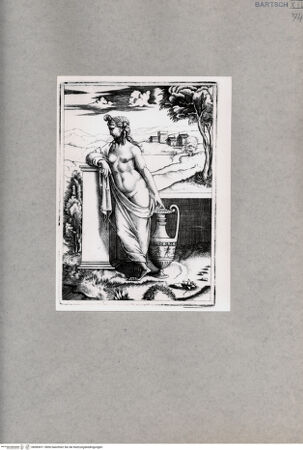 Vorderseite von  [http://creativecommons.org/publicdomain/mark/1.0/] Halbbekleidete auf eine Säule gestützt mit einer Vase - , bh085411. Foto.