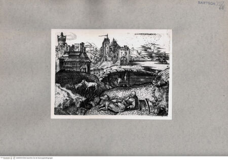 Vorderseite von  [http://creativecommons.org/publicdomain/mark/1.0/] Musizierender Hirte vor einer Ortschaft - , bh085935. Foto.