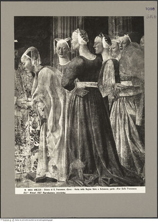 Vorderseite von Alinari [https://www.deutsche-digitale-bibliothek.de/content/lizenzen/rv-ez/] Die Kreuzlegende, Propheten und HeiligenRechte WandDie Königin von Saba und das Kreuzesholz - Salomo und die Königin von Saba, Detail, bh086726_recto. Foto.