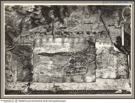 Vorderseite von ICCD [https://www.deutsche-digitale-bibliothek.de/content/lizenzen/rv-ez/] Landkarte von Sizilien mit Stadtplänen von Messina, Syrakus, Palermo - parete Est 16 part., "Missina, Syracusa, Panormus", bh088078_recto. Foto.