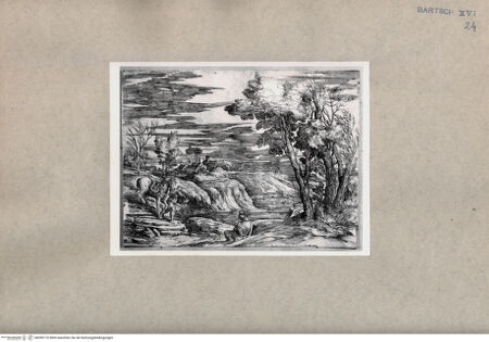 Vorderseite von  [http://creativecommons.org/publicdomain/mark/1.0/] Landschaft mit zwei Männern und einem Pferd - , bh090770. Foto.