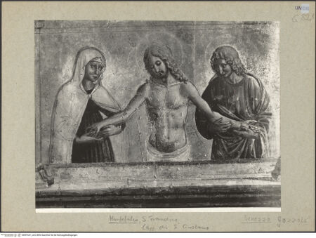 Vorderseite von Alinari [https://www.deutsche-digitale-bibliothek.de/content/lizenzen/rv-ez/] Kapellenausmalung: Geschichte des heiligen Hieronymus und HeiligeScheinpolyptychon: Maria mit Kind und Heiligen - Predella, Mitte: Schmerzensmann zusammen mit Maria und Johannes dem Evangelisten, bh091641_recto. Foto.