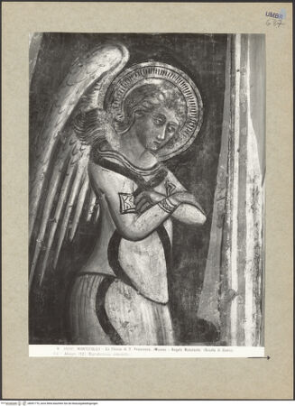 Vorderseite von Alinari [https://www.deutsche-digitale-bibliothek.de/content/lizenzen/rv-ez/] Apsisdekoration mit Passionsszenen und HeiligenVerkündigung der Geburt Christi - Detail: Engel der Verkündigung, Oberkörper, bh091770_recto. Foto.