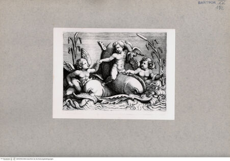 Vorderseite von  [http://creativecommons.org/publicdomain/mark/1.0/] Amoretten auf Delphinen reitend - , bh092903. Foto.