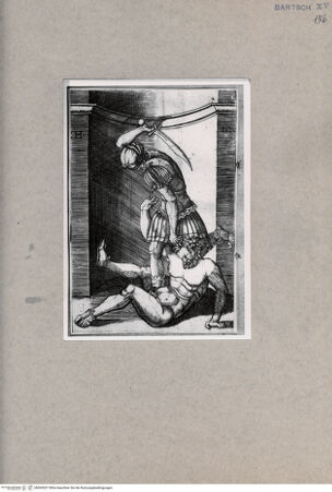 Vorderseite von  [http://creativecommons.org/publicdomain/mark/1.0/] Soldat hebt sein Schwert gegen einen am Boden liegenden Mann - , bh093037. Foto.