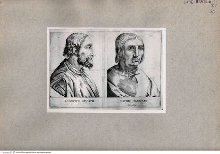 Vorderseite von  [http://creativecommons.org/publicdomain/mark/1.0/] Bildnisse von Ludovico Ariosto und Giacobo Sanazaro - , bh093475. Foto.