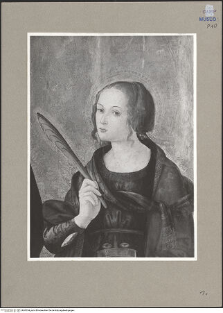 Vorderseite von Sopr. BAS NA [https://www.deutsche-digitale-bibliothek.de/content/lizenzen/rv-ez/] Madonna zwischen den heiligen Stephanus und Lucia - Lucia, Detail: Oberkörper, bh093594_recto. Foto.