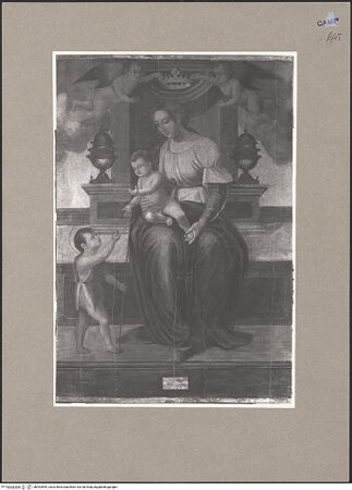 Vorderseite von Sopr. BAS NA [https://www.deutsche-digitale-bibliothek.de/content/lizenzen/rv-ez/] Triptychon mit Madonna mit Kind und dem Johannesknaben zwischen den Heiligen Barbara und Antonius Abbas - Madonna mit Kind und dem Johannesknaben, bh093595_recto. Foto.