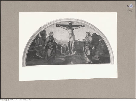 Vorderseite von Sopr. BAS NA [https://www.deutsche-digitale-bibliothek.de/content/lizenzen/rv-ez/] Triptychon mit Madonna mit Kind und dem Johannesknaben zwischen den Heiligen Barbara und Antonius Abbas - Kreuzigung, bh093675_recto. Foto.