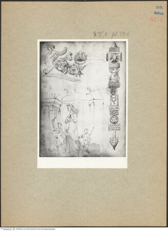 Vorderseite von Bibliotheca Hertziana [https://www.deutsche-digitale-bibliothek.de/content/lizenzen/rv-ez/] "Peruzzi Skizzenbuch"Ornament mit Sphinx, Figurenstudien, Standarte einer römischen Kohorte - , bh093985_recto. Foto.