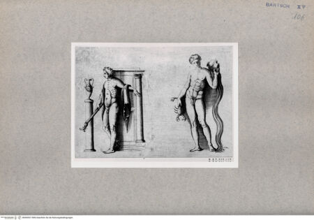 Vorderseite von  [http://creativecommons.org/publicdomain/mark/1.0/] Zwei männliche Figuren, einer hält einen Skorpion in der Hand - , bh094537. Foto.