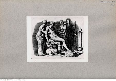 Vorderseite von  [http://creativecommons.org/publicdomain/mark/1.0/] Kranker Mann, umgeben von drei Frauen und einem Hund - , bh094539. Foto.