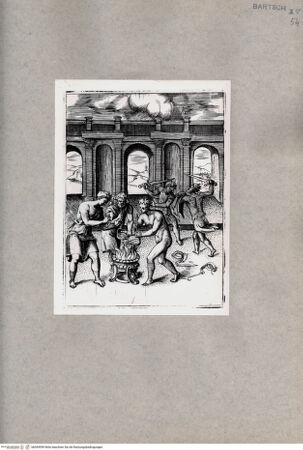 Vorderseite von  [http://creativecommons.org/publicdomain/mark/1.0/] Drei Männer über einem Feuer - , bh094599. Foto.