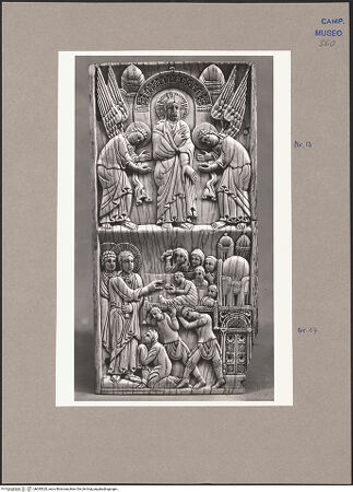 Vorderseite von ICCD [https://www.deutsche-digitale-bibliothek.de/content/lizenzen/rv-ez/] Szenen aus dem Neuen und Alten TestamentChristus segnet die Engel; Totenerweckung des Jünglings von Nain - Gesamtansicht, bh095020_recto. Foto.