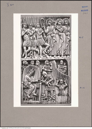 Vorderseite von ICCD [https://www.deutsche-digitale-bibliothek.de/content/lizenzen/rv-ez/] Szenen aus dem Neuen und Alten TestamentDie Verkündigung an die Hirten; der Kindermord - Gesamtansicht, bh095029_recto. Foto.