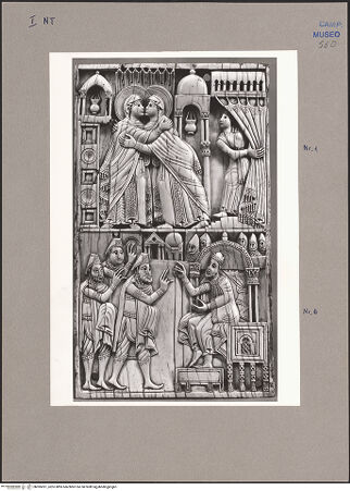 Vorderseite von ICCD [https://www.deutsche-digitale-bibliothek.de/content/lizenzen/rv-ez/] Szenen aus dem Neuen und Alten TestamentDie Heimsuchung; der Besuch der Heiligen Drei Könige bei Herodes - Gesamtansicht, bh095031_recto. Foto.