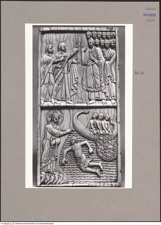 Vorderseite von ICCD [https://www.deutsche-digitale-bibliothek.de/content/lizenzen/rv-ez/] Szenen aus dem Neuen und Alten TestamentDie drei Marien erzählen den Aposteln vom leeren Grab; die Erscheinung Christi am See Genezareth - Gesamtansicht, bh095038_recto. Foto.