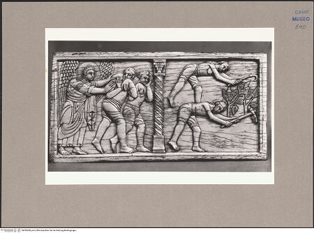 Vorderseite von ICCD [https://www.deutsche-digitale-bibliothek.de/content/lizenzen/rv-ez/] Szenen aus dem Neuen und Alten TestamentVertreibung Adams und Evas aus dem Paradies; Adam und Eva bei landwirtschaftlichen Arbeiten - Gesamtansicht, bh095040_recto. Foto.