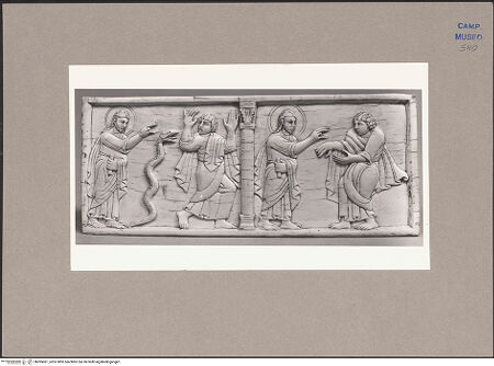 Vorderseite von ICCD [https://www.deutsche-digitale-bibliothek.de/content/lizenzen/rv-ez/] Szenen aus dem Neuen und Alten TestamentDas Wunder des Stabs; das Wunder der leprösen Hand - Gesamtansicht, bh095061_recto. Foto.