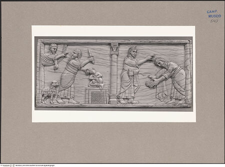 Vorderseite von ICCD [https://www.deutsche-digitale-bibliothek.de/content/lizenzen/rv-ez/] Szenen aus dem Neuen und Alten TestamentDas Isaakopfer; Gott segnet Abraham - Gesamtansicht, bh095062_recto. Foto.