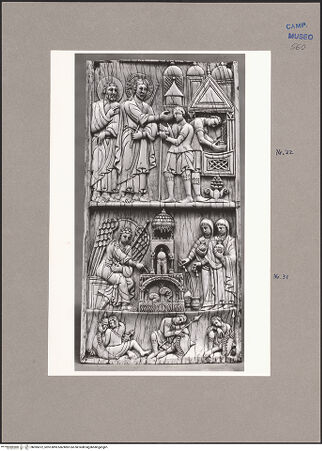 Vorderseite von ICCD [https://www.deutsche-digitale-bibliothek.de/content/lizenzen/rv-ez/] Szenen aus dem Neuen und Alten TestamentChristus heilt einen Blinden; die drei Marien am Grab - Gesamtansicht, bh095072_recto. Foto.