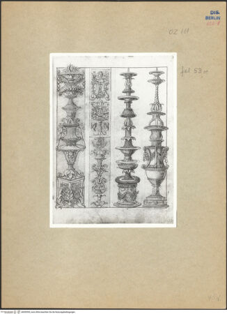 Vorderseite von Bibliotheca Hertziana [https://www.deutsche-digitale-bibliothek.de/content/lizenzen/rv-ez/] Mantegna SkizzenbuchKandelaber - , bh095595_recto. Foto.