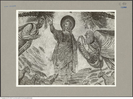 Vorderseite von Hutzel, Max [https://www.deutsche-digitale-bibliothek.de/content/lizenzen/rv-fz/] Römisches Mosaik mit Christus, Petrus und Paulus - Traditio legis - Nahaufnahme, bh096374_recto. Foto: Hutzel, Max.