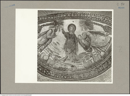 Vorderseite von Hutzel, Max [https://www.deutsche-digitale-bibliothek.de/content/lizenzen/rv-fz/] Römisches Mosaik mit Christus, Petrus und Paulus - Traditio legis - Nahaufnahme, bh096375_recto. Foto: Hutzel, Max.