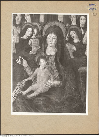 Vorderseite von Hutzel, Max [https://www.deutsche-digitale-bibliothek.de/content/lizenzen/rv-ez/] Madonna mit den Heiligen Franziskus, Johannes dem Täufer, Hieronymus und Antonius von Padua; Verkündigung - Detail, bh096763_recto. Foto: Hutzel, Max.