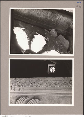 Vorderseite von Ranke [https://www.deutsche-digitale-bibliothek.de/content/lizenzen/rv-ez/] Achtspeichige Fensterrose, darüber Gedenkinschrift anläßlich der Kirchenrenovierung durch Abt Theodinus - Innenseite, Detail mit zwei Speichensäulen, bh098229_bh098230_recto. Foto: Ranke.