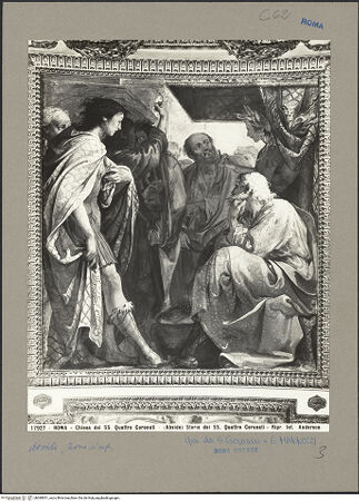 Vorderseite von Alinari [https://www.deutsche-digitale-bibliothek.de/content/lizenzen/rv-ez/] Freskenzyklus im ChorLeben und Martyrien der vier bzw. fünf gekrönten Bildhauer bzw. Steinmetze  aus PannonienDer Tribun Lampadius führt Kaiser Diokletian die Bildhauer vor - Gesamtansicht, bh099951_recto. Foto.