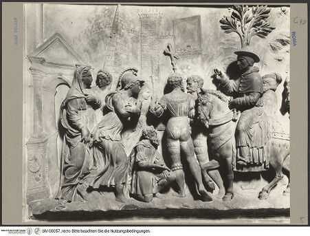 Vorderseite von ICCD [https://www.deutsche-digitale-bibliothek.de/content/lizenzen/rv-ez/] Grabmal für Papst Hadrian VI.Der Einzug Papst Hadrians VI. nach Rom - Detail: linke Hälfte, bh100057_recto. Foto.