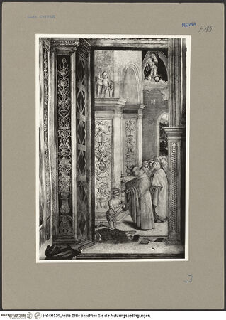 Vorderseite von ICCD [https://www.deutsche-digitale-bibliothek.de/content/lizenzen/rv-ez/] Szenen aus dem Leben des heiligen Bernhardin von SienaEinkleidung des heiligen Berhardin von Siena mit dem Ordensgewand - Gesamtansicht, bh100539_recto. Foto.