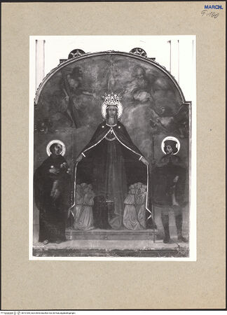 Vorderseite von ICCD [https://www.deutsche-digitale-bibliothek.de/content/lizenzen/rv-ez/] Madonna della Misericordia (Schutzmantelmadonna) mit der Dreifaltigkeit und den heiligen Nikolaus von Tolentino und Rochus - Gesamtansicht, bh101064_recto. Foto.
