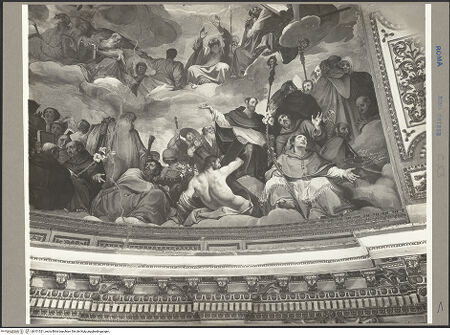 Vorderseite von ICCD [https://www.deutsche-digitale-bibliothek.de/content/lizenzen/rv-ez/] Freskenzyklus im ChorDie Heilige Dreifaltigkeit, Engel und Heilige - Ausschnitt: Ecke rechts unten (u.a. Hll. Onupphrius ?, Andreas, Dominikus, Franziskus, Karl Borromäus?) und Signatur, bh101521_recto. Foto.