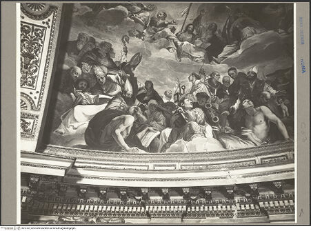 Vorderseite von ICCD [https://www.deutsche-digitale-bibliothek.de/content/lizenzen/rv-ez/] Freskenzyklus im ChorDie Heilige Dreifaltigkeit, Engel und Heilige - Ausschnitt: Ecke links unten (u.a. Moses, Kirchenväter, Hl. Sebastian), bh101522_recto. Foto.