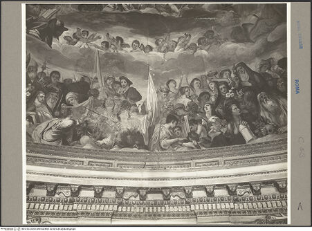 Vorderseite von ICCD [https://www.deutsche-digitale-bibliothek.de/content/lizenzen/rv-ez/] Freskenzyklus im ChorDie Heilige Dreifaltigkeit, Engel und Heilige - Ausschnitt: Mitte, unten (u.a. Hll. Veronika, Caecilie, Barbara, Magdalena, Agathe, Onuphrius?), bh101524_recto. Foto.