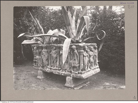 Vorderseite von Musei Vaticani, Archivio Fotografico [https://www.deutsche-digitale-bibliothek.de/content/lizenzen/rv-ez/] Sarkophagtruhe mit Figuren zwischen Säulen - Schräge Gesamtansicht der vorderen Längsseite und der rechten Stirnseite, in Benutzung als Pflanzentopf, bh102219_recto. Foto.