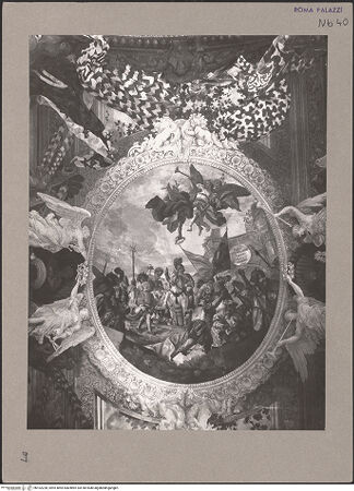 Vorderseite von Archivio Fotografico Musei Vaticani [https://www.deutsche-digitale-bibliothek.de/content/lizenzen/rv-ez/] Deckengemälde: Szenen aus dem Leben des Marcantonio II. ColonnaÖstliches Ovalbild: Triumph des Marcantonio II. Colonna - , bh102228_recto. Foto.