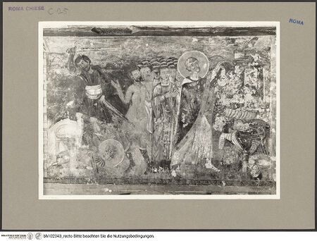 Vorderseite von Hutzel, Max [https://rightsstatements.org/page/CNE/1.0/] Szenen aus dem Leben und der Passion Christi, verschiedene Märtyrer und Szenen aus der Vita der Heiligen Urban und CaeciliaVita der Heiligen Urban und Caecilia - Martyrium des Anolinus, Urban bringt den Jupiter-Tempel zum Einsturz, bh102343_recto. Foto: Hutzel, Max.