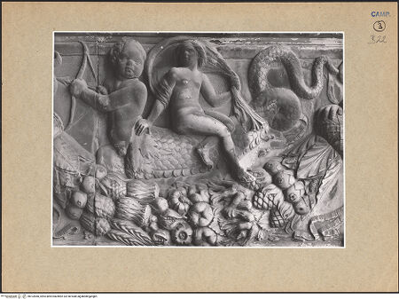Vorderseite von ICCD [https://www.deutsche-digitale-bibliothek.de/content/lizenzen/rv-ez/] Triumphbogen Alfonsos VRechter Sockel - Linke Seite: Festonfries, Detail mit fischgestaltigem Cupido und Frau (Entwurf F. Laurana?), bh102840_recto. Foto.