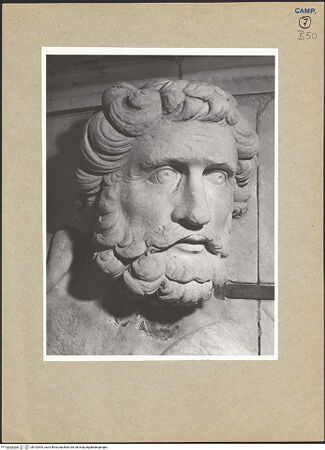 Vorderseite von ICCD [https://www.deutsche-digitale-bibliothek.de/content/lizenzen/rv-ez/] Triumphbogen Alfonsos VGiebelfeld mit zwei Figuren, sogenannte Flussgötter, und Blattgirlande mit zwei Masken - Detail: Kopf der linken Figur, bh102905_recto. Foto.