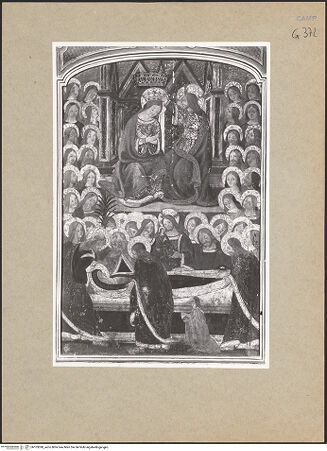 Vorderseite von ICCD [https://www.deutsche-digitale-bibliothek.de/content/lizenzen/rv-ez/] Tod und Krönung Mariae, Marienleben, Heiligen - Detail: Tod und Krönung Mariae, bh103090_recto. Foto.