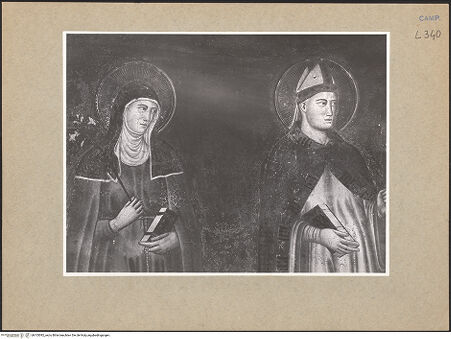 Vorderseite von ICCD [https://www.deutsche-digitale-bibliothek.de/content/lizenzen/rv-ez/] Christus thronend mit Heiligen, Karl von Kalabrien, König Robert 1, Sancia von Mallorca und Johanna 1. von Neapel - Detail: Klara und Ludwig (oberes Teil), bh103092_recto. Foto.