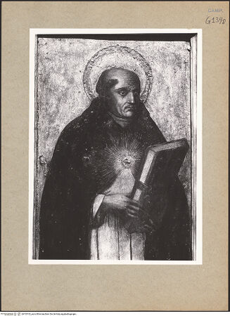 Vorderseite von ICCD [https://www.deutsche-digitale-bibliothek.de/content/lizenzen/rv-ez/] Madonna zwischen den heiligen Thomas von Aquin und Leonardus. Lünette: Gnadenstuhl zwischen den heiligen Sebastian und Nikolas - Detail: heiliger Dominikus, bh103102_recto. Foto.