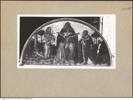 Vorderseite von ICCD [https://www.deutsche-digitale-bibliothek.de/content/lizenzen/rv-ez/] Madonna zwischen den heiligen Thomas von Aquin und Leonardus. Lünette: Gnadenstuhl zwischen den heiligen Sebastian und Nikolas - Lünette, bh103104_recto. Foto.