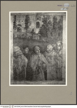 Vorderseite von ICCD [https://www.deutsche-digitale-bibliothek.de/content/lizenzen/rv-ez/] Szenen aus dem Leben des heiligen Bernhardin von SienaEin Franziskanermönch berichtet anderen aus dem Leben des heiligen Bernhardin von Siena - Gesamtansicht, bh103345_recto. Foto.