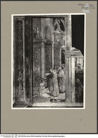 Vorderseite von ICCD [https://www.deutsche-digitale-bibliothek.de/content/lizenzen/rv-ez/] Szenen aus dem Leben des heiligen Bernhardin von SienaEinkleidung des heiligen Berhardin von Siena mit dem Ordensgewand - Gesamtansicht, bh103346_recto. Foto.