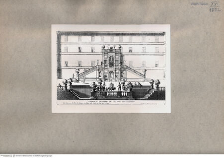 Vorderseite von  [http://creativecommons.org/publicdomain/mark/1.0/] Sicht und Aufriss des Palazzo vom Garten aus - , bh104314. Foto.